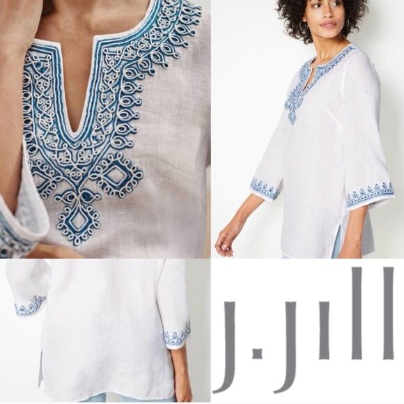 J.Jill ~ XS ~ NEW Very Pretty Linen Embroidered Bell-Sleeve Tunic ~ NWT - Picture 1 of 7